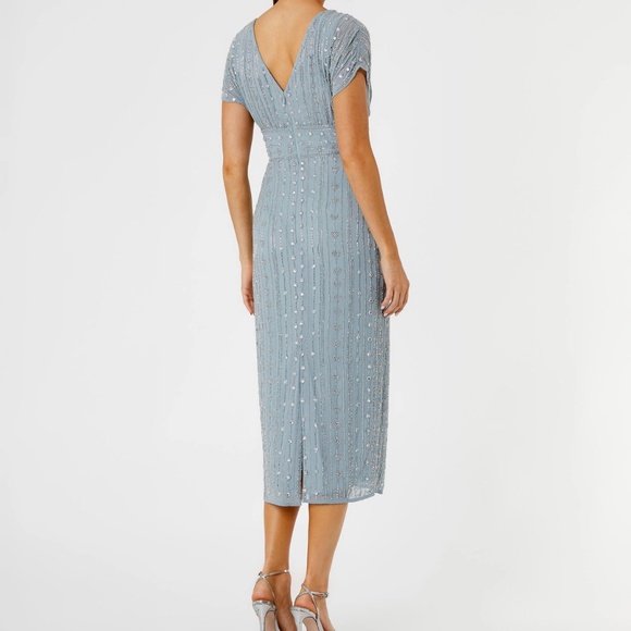 NTW Mac Duggal Size 6 Blue Beaded Empire Waist Column Midi Cocktail Dress 93649 - Picture 2 of 10